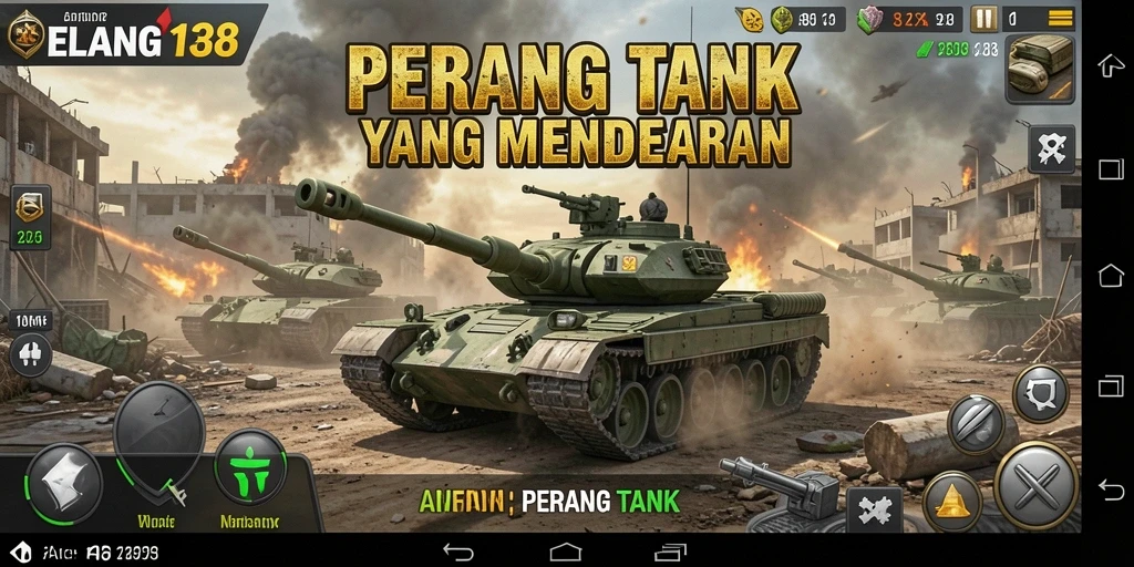 Screenshot antarmuka permainan ELANG138 dengan pertempuran tank yang intens.